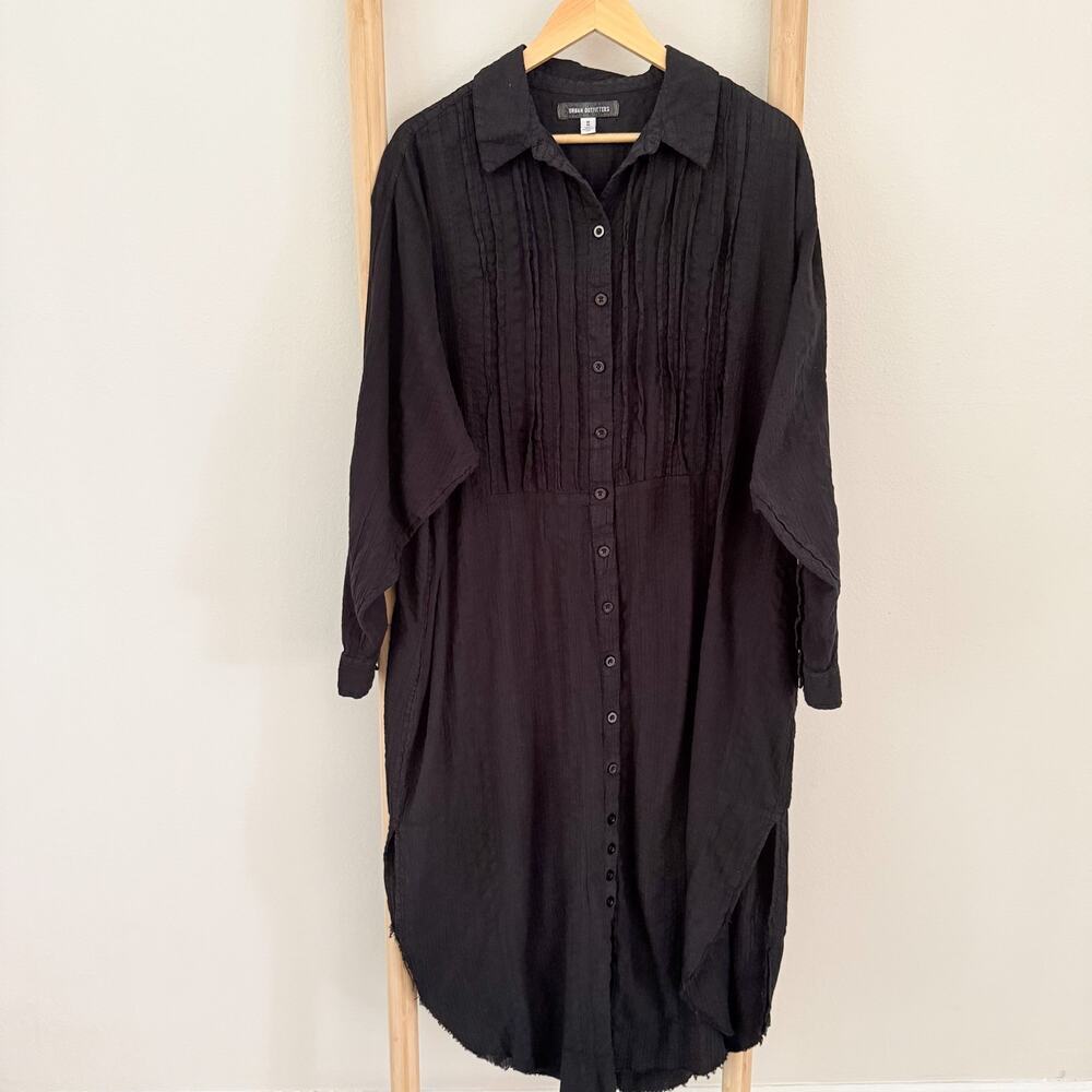 Urban Outfitters Black Cotton Gauzy Oversized Pintuck Shirtdress